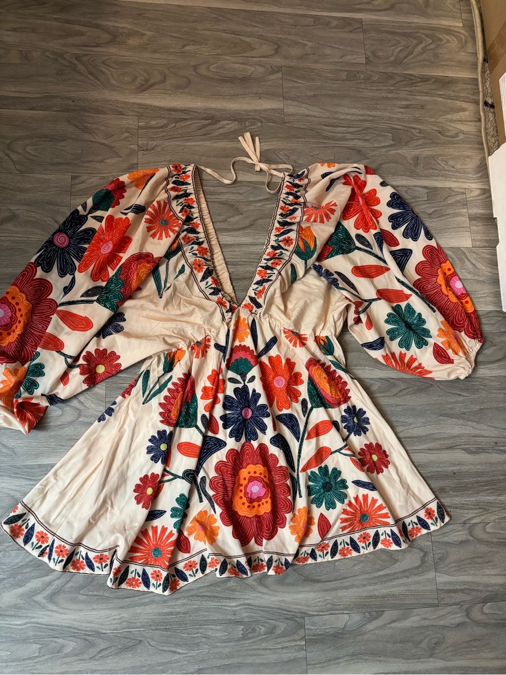 Boho Floral V-Neck Women's Top in Cream with Multicolor Embroidery